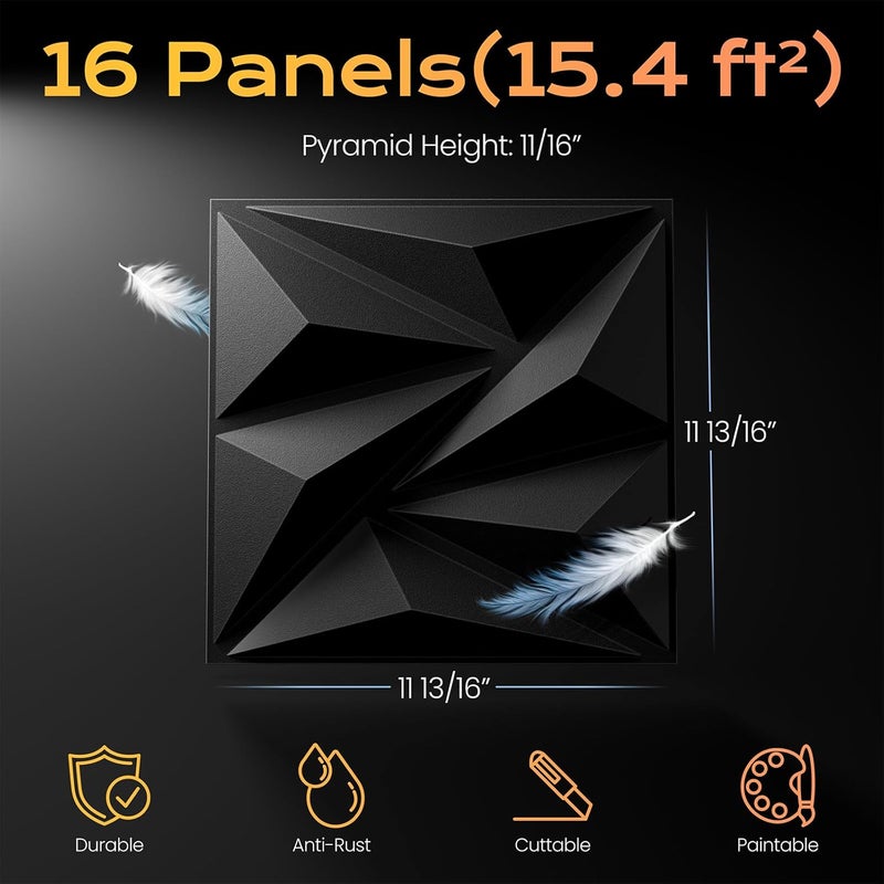 Sonicism Wall Panels Upgrade 16 Pack,0.7”x11.8”x11.8”Pyramid 3D Wall Panels Creative Cutting,PVC Wall Panels for Interior Wall Decor Fire Resistant,Wall Tiles for Various Scenes(Charcoal Black) - Image 5